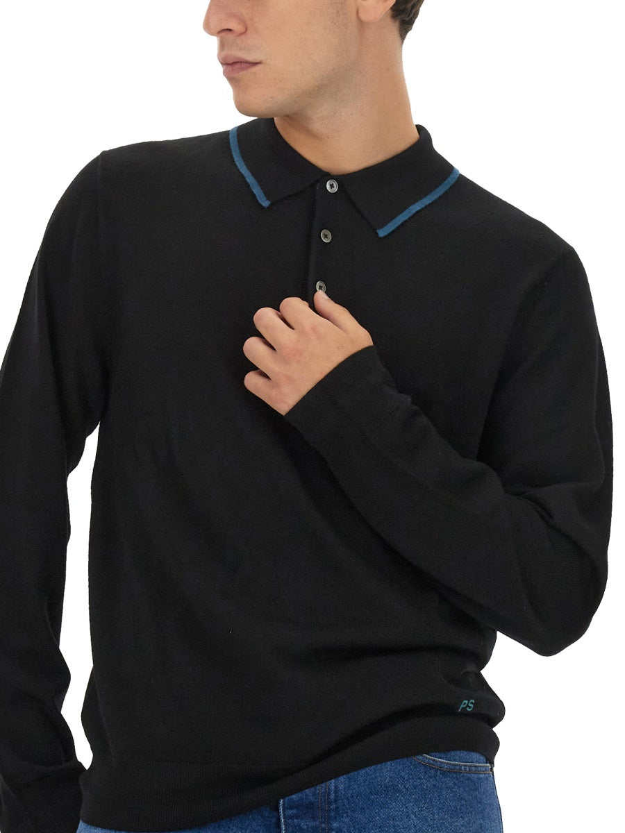 Ps Paul Smith Logo Merino Wool Polo Sweater — Black, view 3