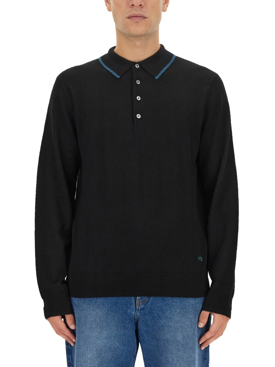 Ps Paul Smith Logo Merino Wool Polo Sweater — Black, view 4