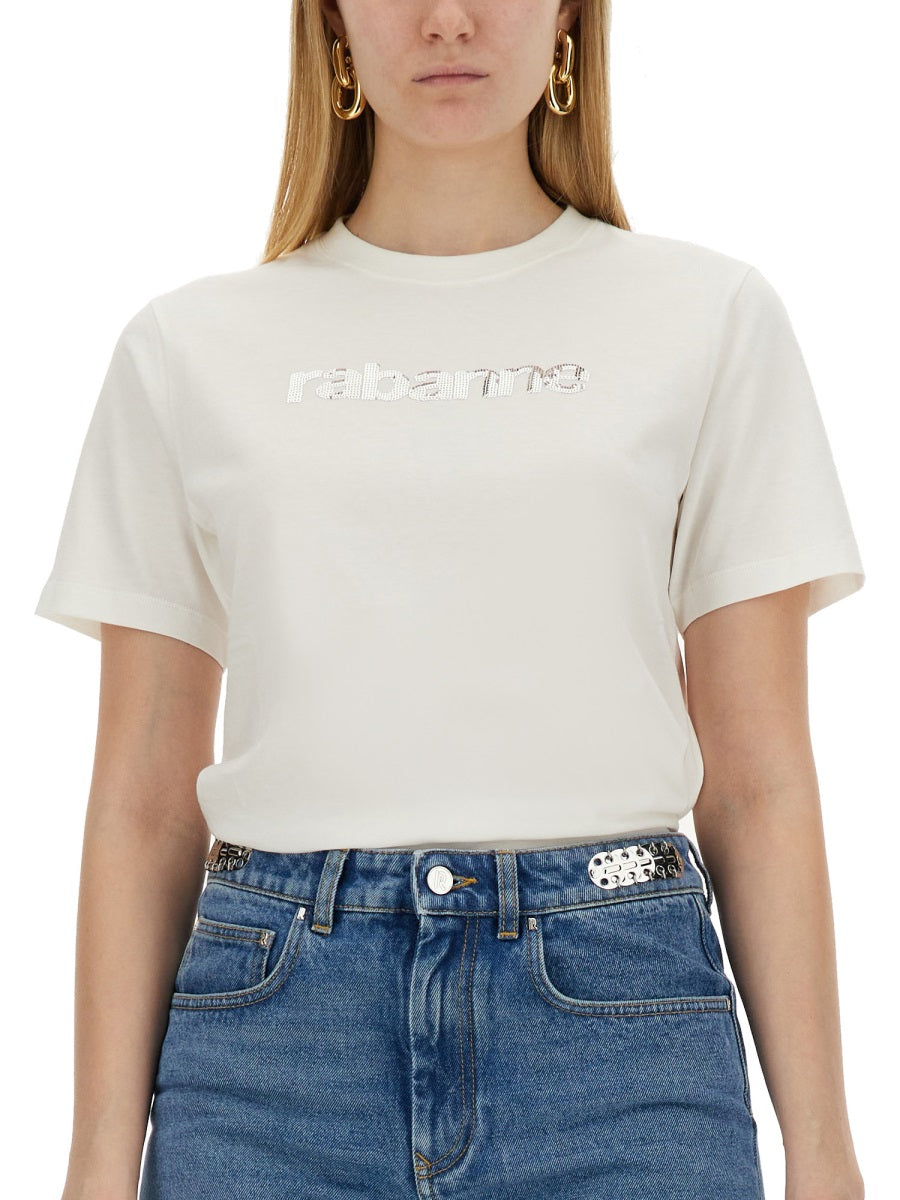 Rabanne Logo-Embroidered Cotton T-Shirt — White, view 2