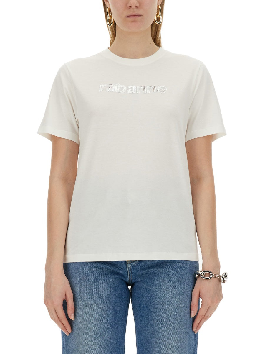 Rabanne Logo-Embroidered Cotton T-Shirt — White, view 3