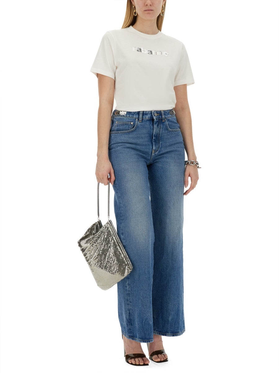 Rabanne Logo-Embroidered Cotton T-Shirt — White, view 4