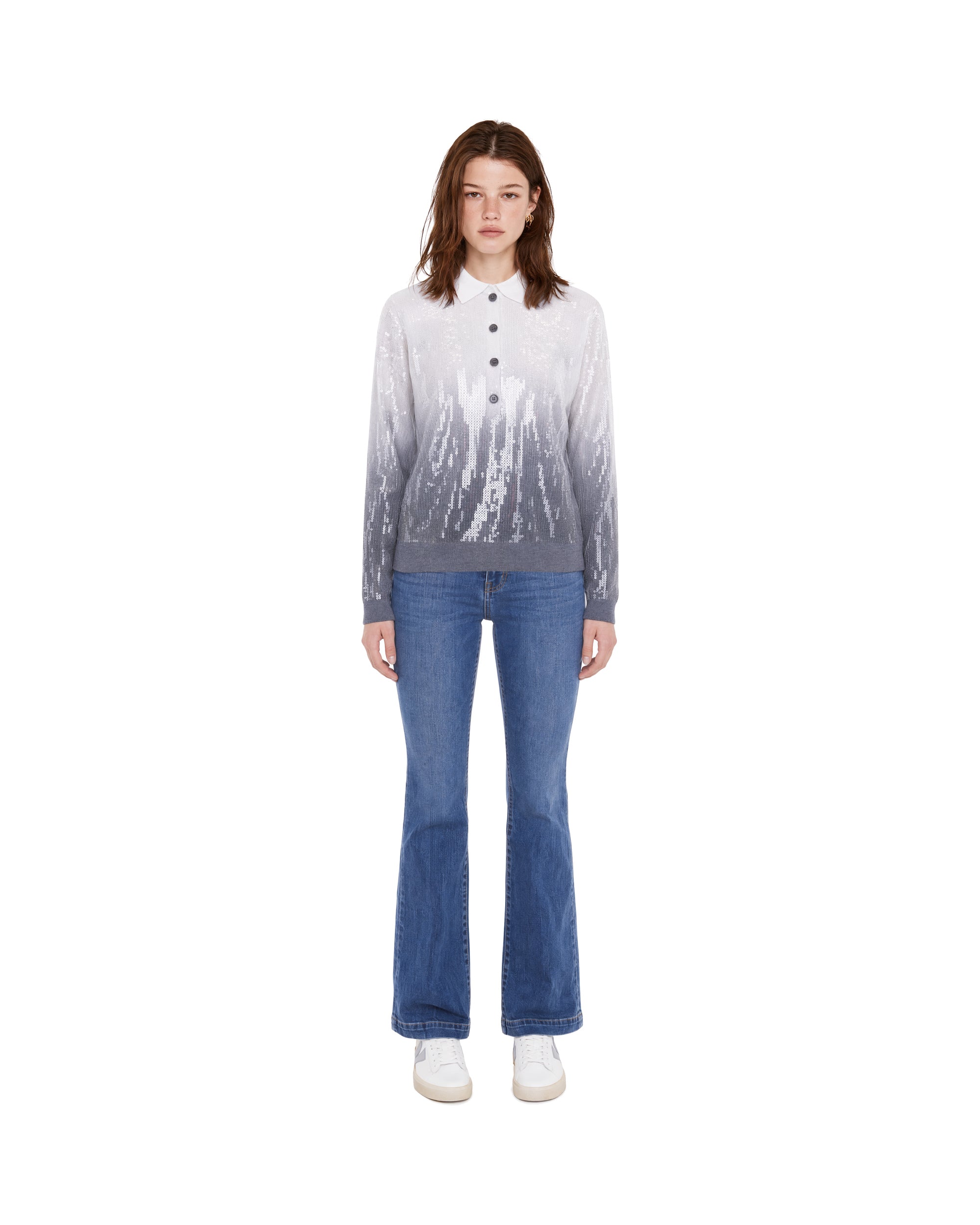Liu Jo Sequin-Embellished Viscose Polo Sweater — Gray, view 3