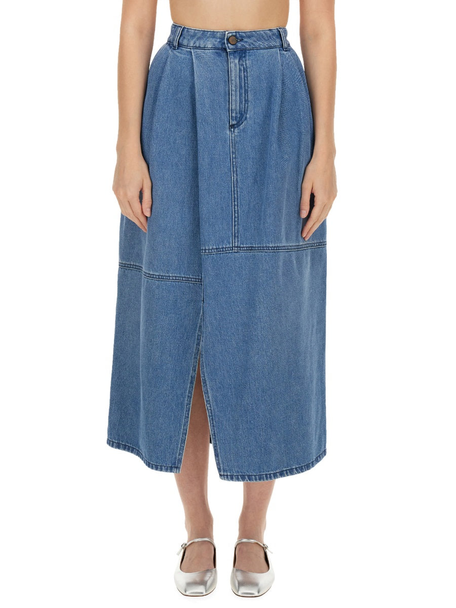 Alysi Cotton Denim Midi Skirt — Blue, view 2
