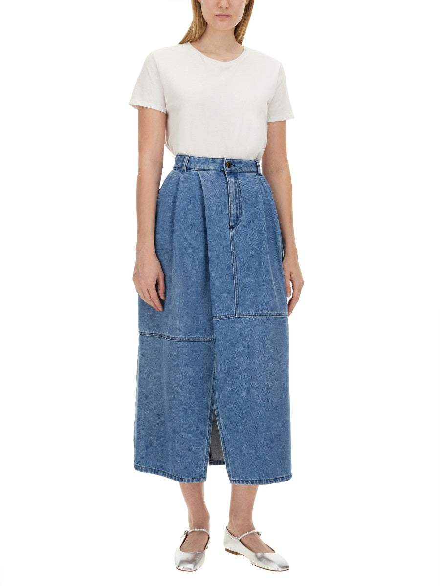 Alysi Cotton Denim Midi Skirt — Blue, view 3