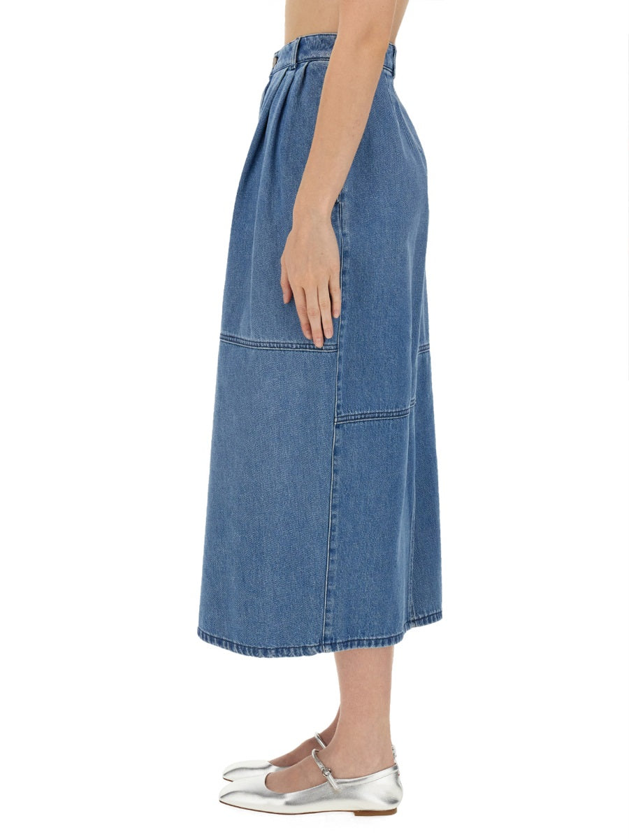 Alysi Cotton Denim Midi Skirt — Blue, view 4