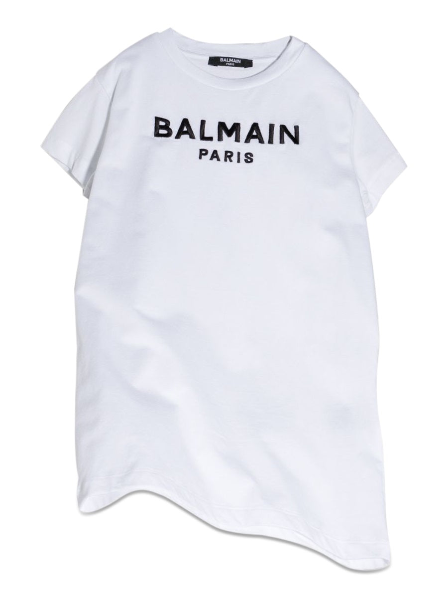 Balmain Logo-Embroidered Cotton Dress — White, view 3