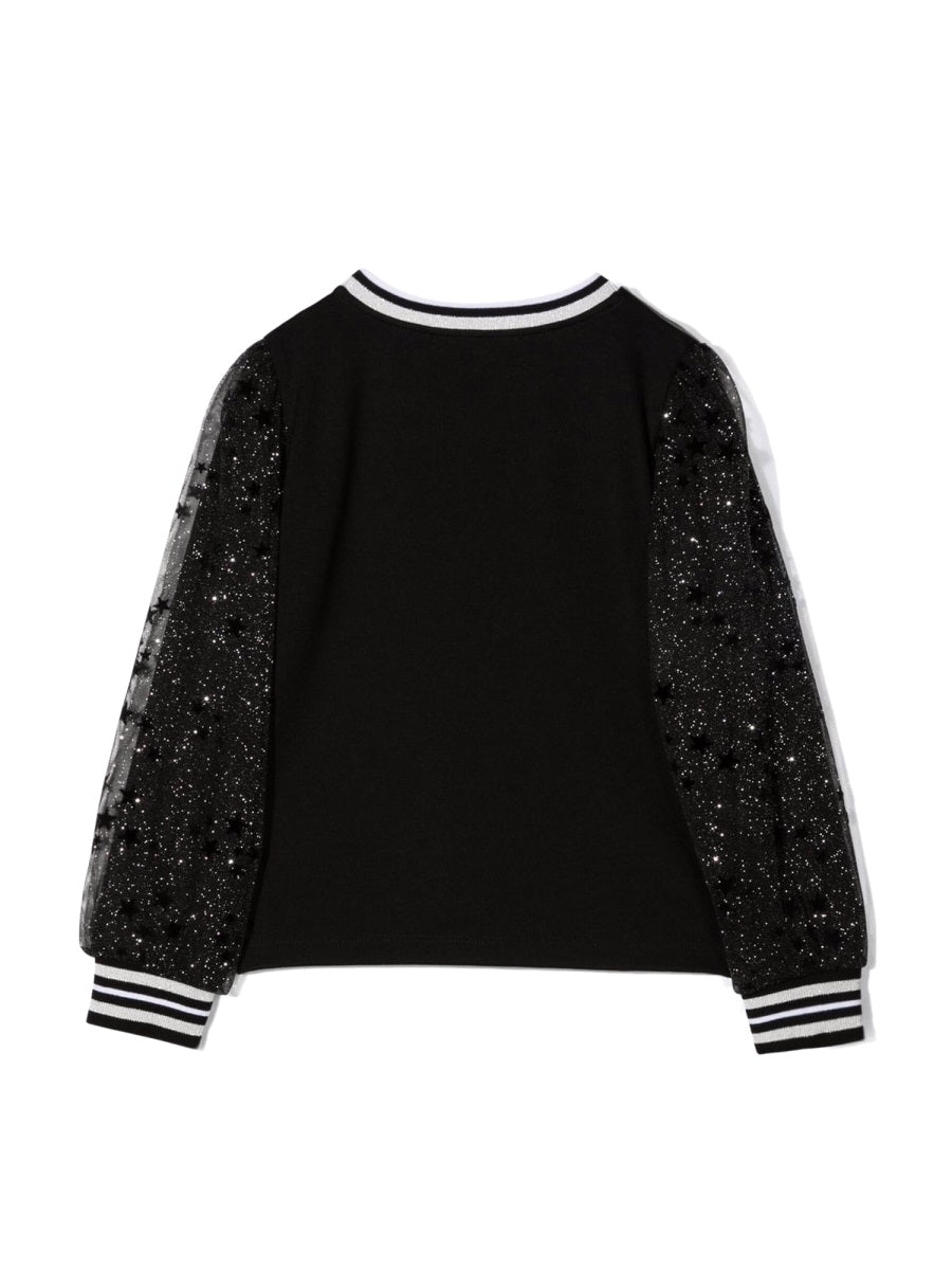 Simonetta Tulle-Sleeve Knit Sweater — Black, view 2
