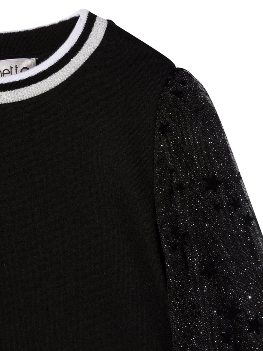Simonetta Tulle-Sleeve Knit Sweater — Black, view 6