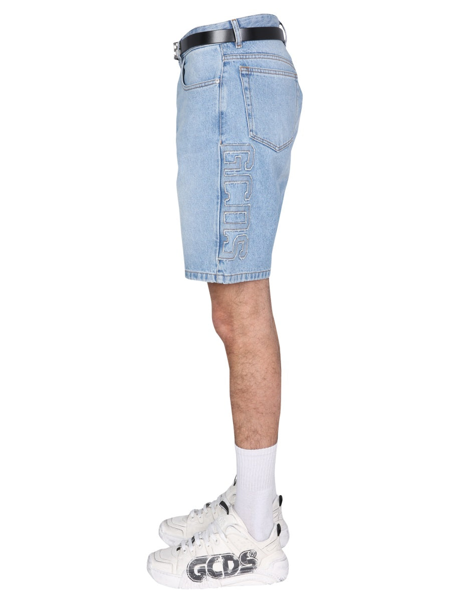 GCDS Logo-Embroidered Cotton Bermuda — Blue, view 2
