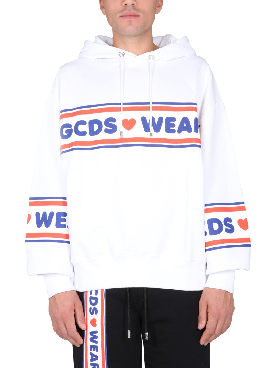 GCDS Logo-Print Hooded Sweatshirt — White, view 3
