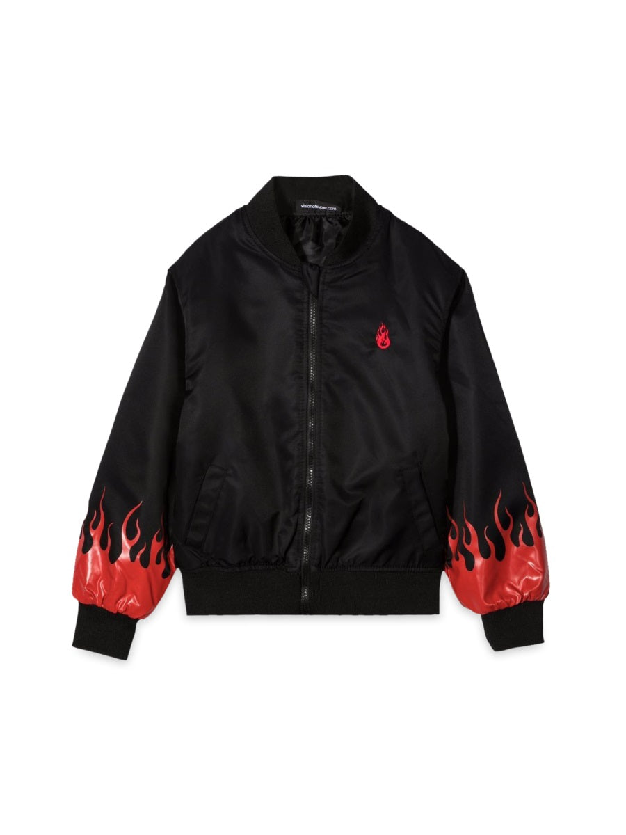 Vision Of Super Nylon Red Flame Motif Bomber Jacket — Black by Vision Of Super