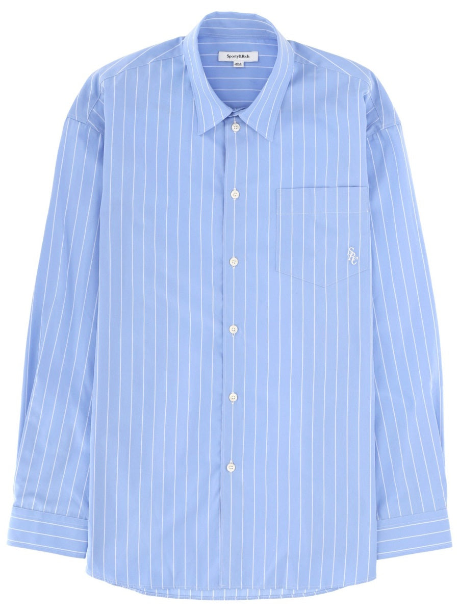 Sporty & Rich Logo-Embroidered Cotton Shirt — Blue, view 2