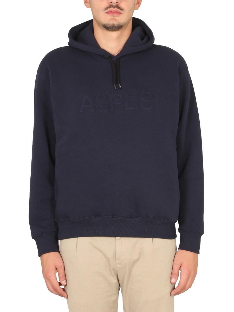 Aspesi Logo Drawstring Hood Sweatshirt — Blue, view 2
