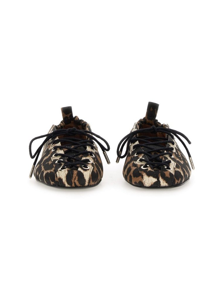 Ganni Lace-Up Animalier Organic Cotton Flat — Brown, view 3