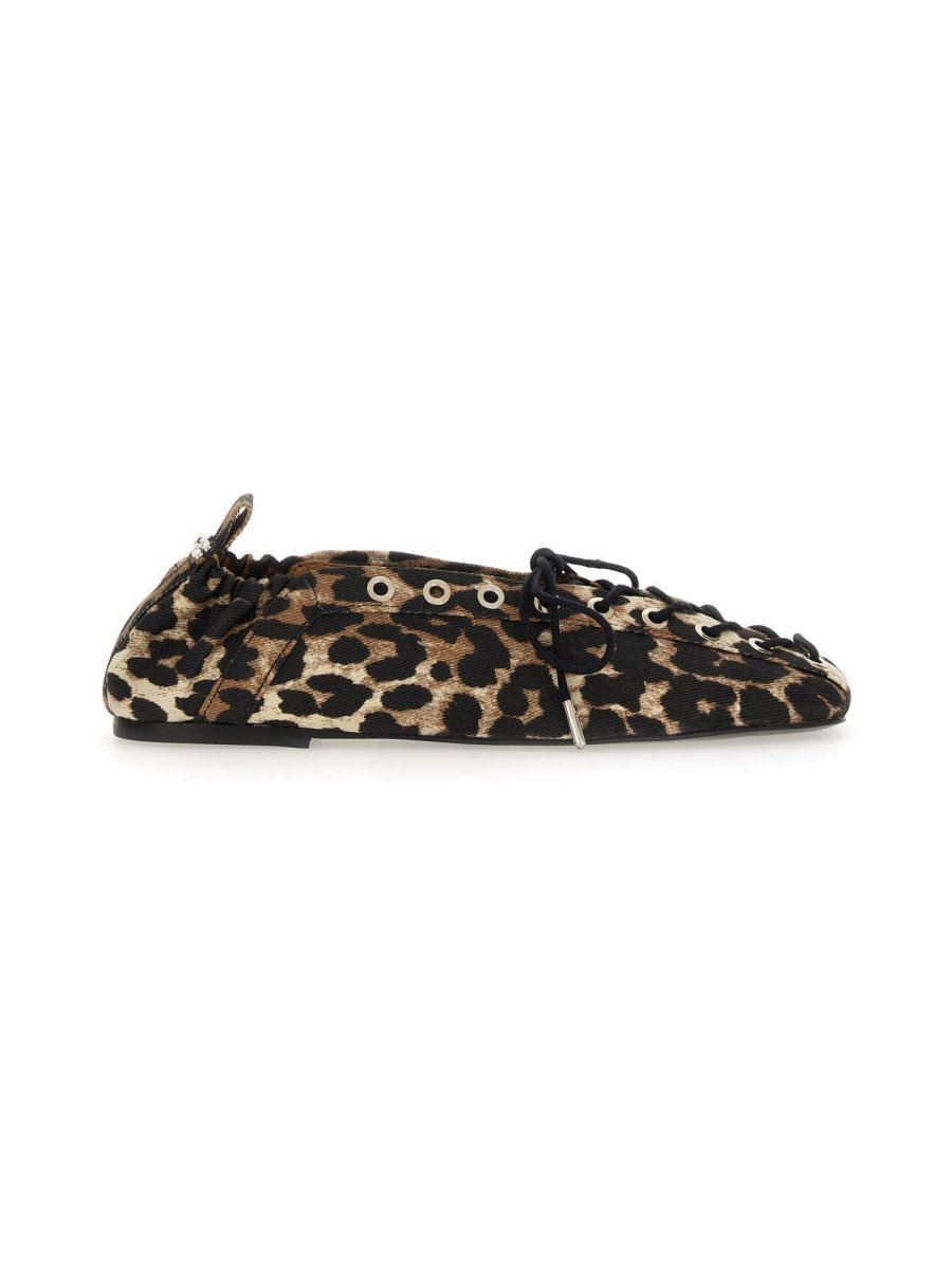 Ganni Lace-Up Animalier Organic Cotton Flat — Brown, view 4
