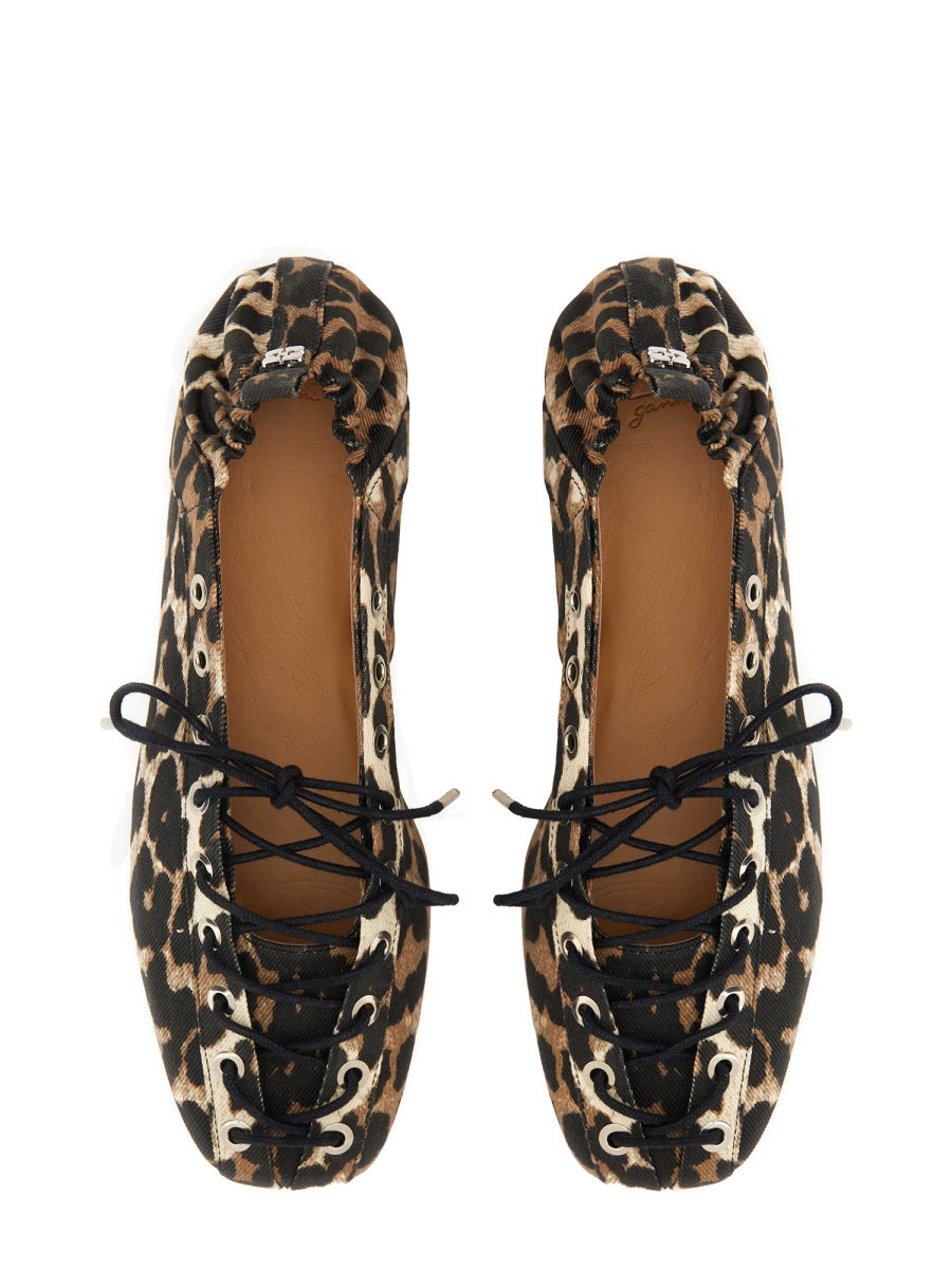 Ganni Lace-Up Animalier Organic Cotton Flat — Brown, view 5