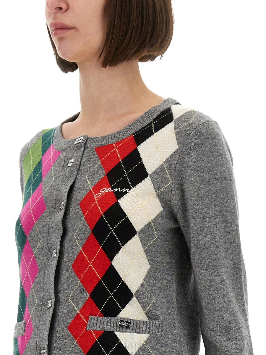Ganni Jacquard Cashmere Blend Cardigan — Purple, view 2