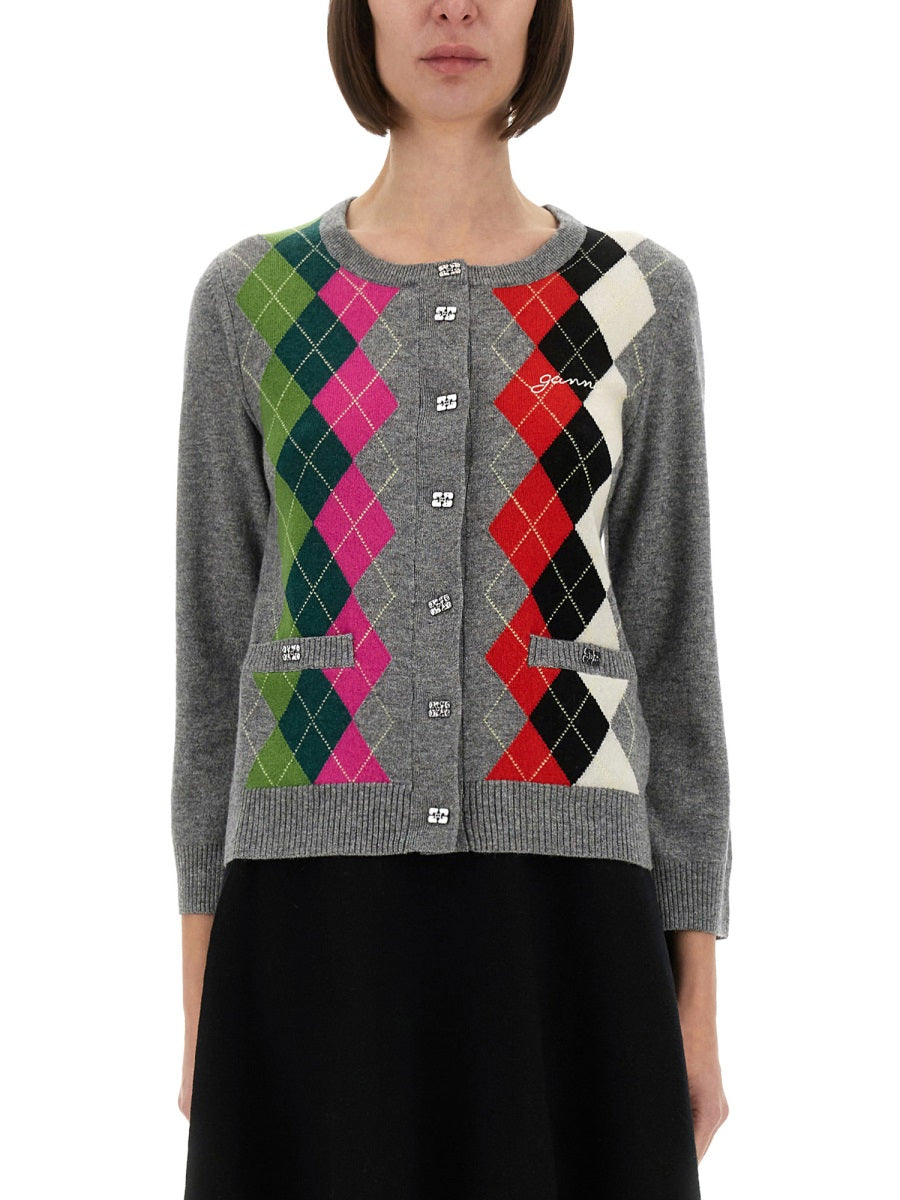 Ganni Jacquard Cashmere Blend Cardigan — Purple, view 3