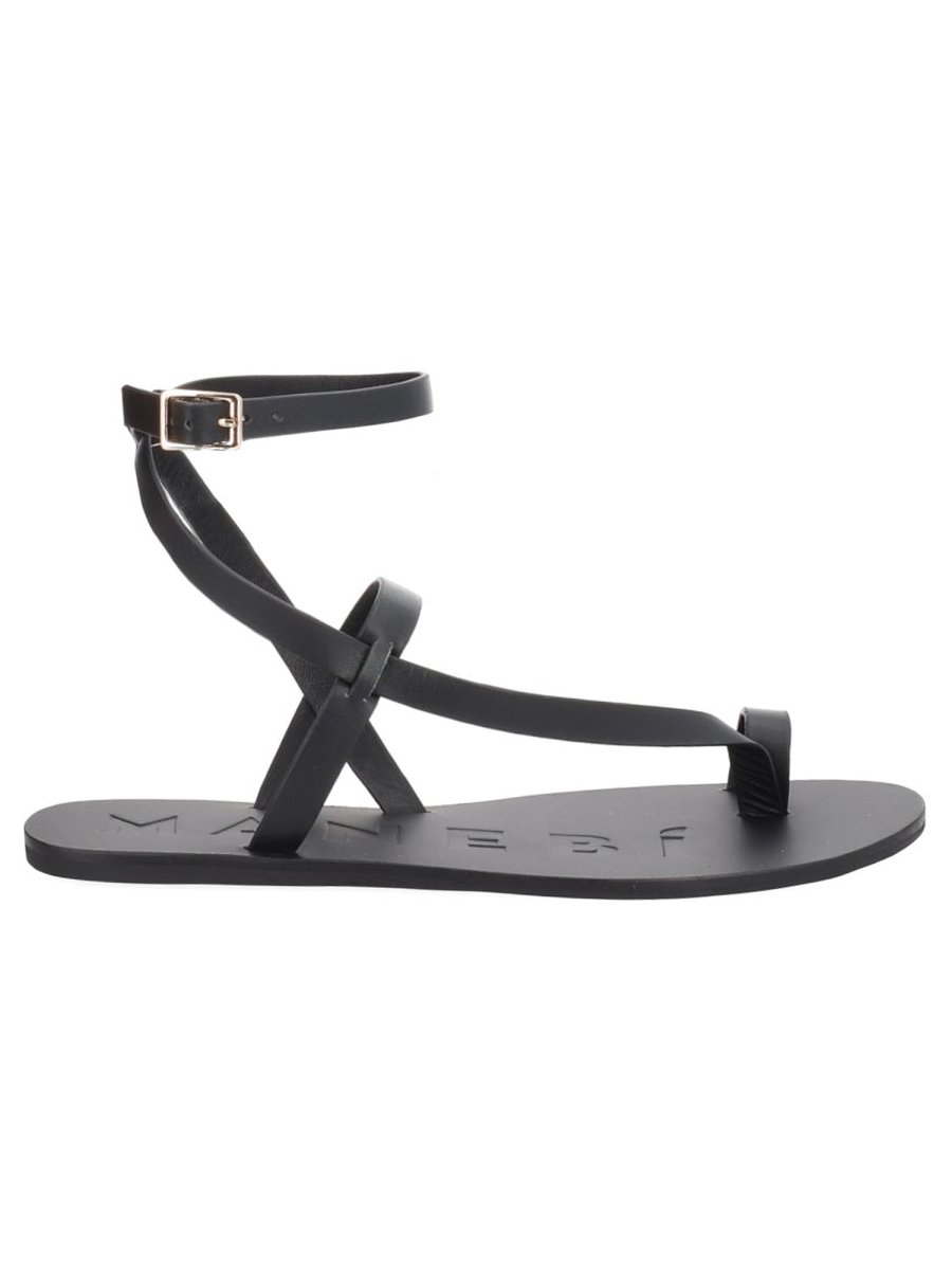 Manebi Raffia and Leather Sandals — Black, view 3