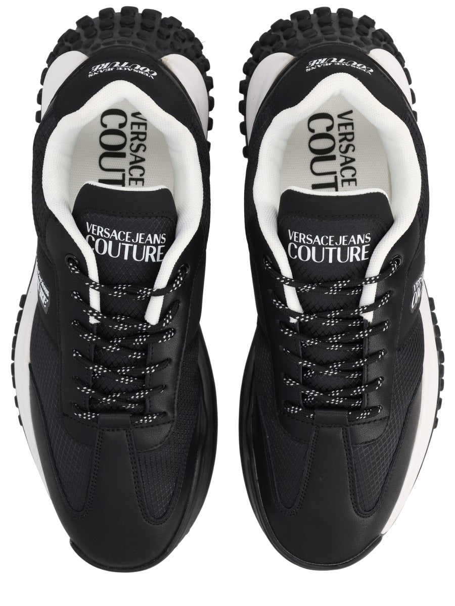 Versace Jeans Couture Logo-Embroidered Leather Mix Sneakers — Black, view 3