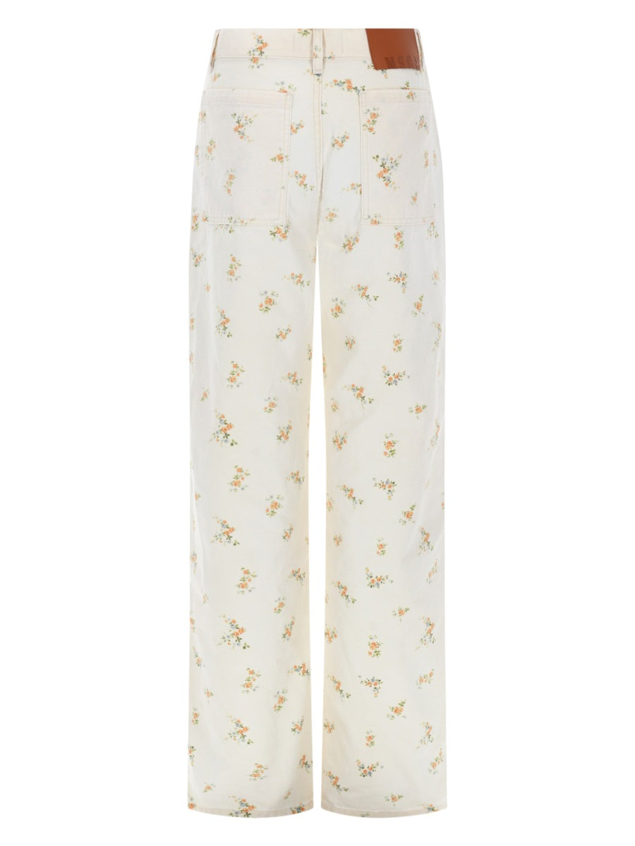 MSGM Floral Motif Cotton Trousers — White, view 2