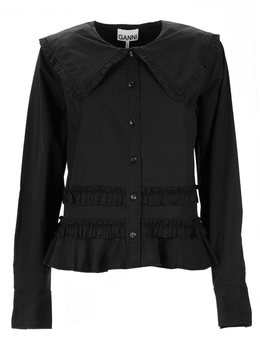 Ganni Ruffle Organic Cotton Shirt — Black by Ganni