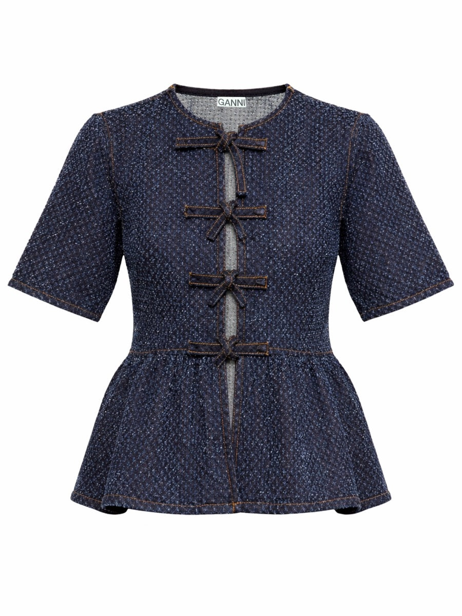 Ganni Peplum Organic Cotton Blouse — Blue by Ganni