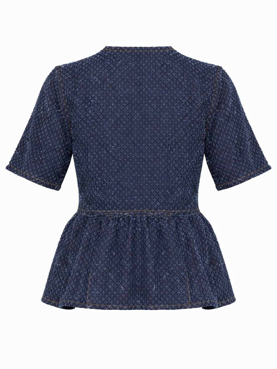 Ganni Peplum Organic Cotton Blouse — Blue, view 2