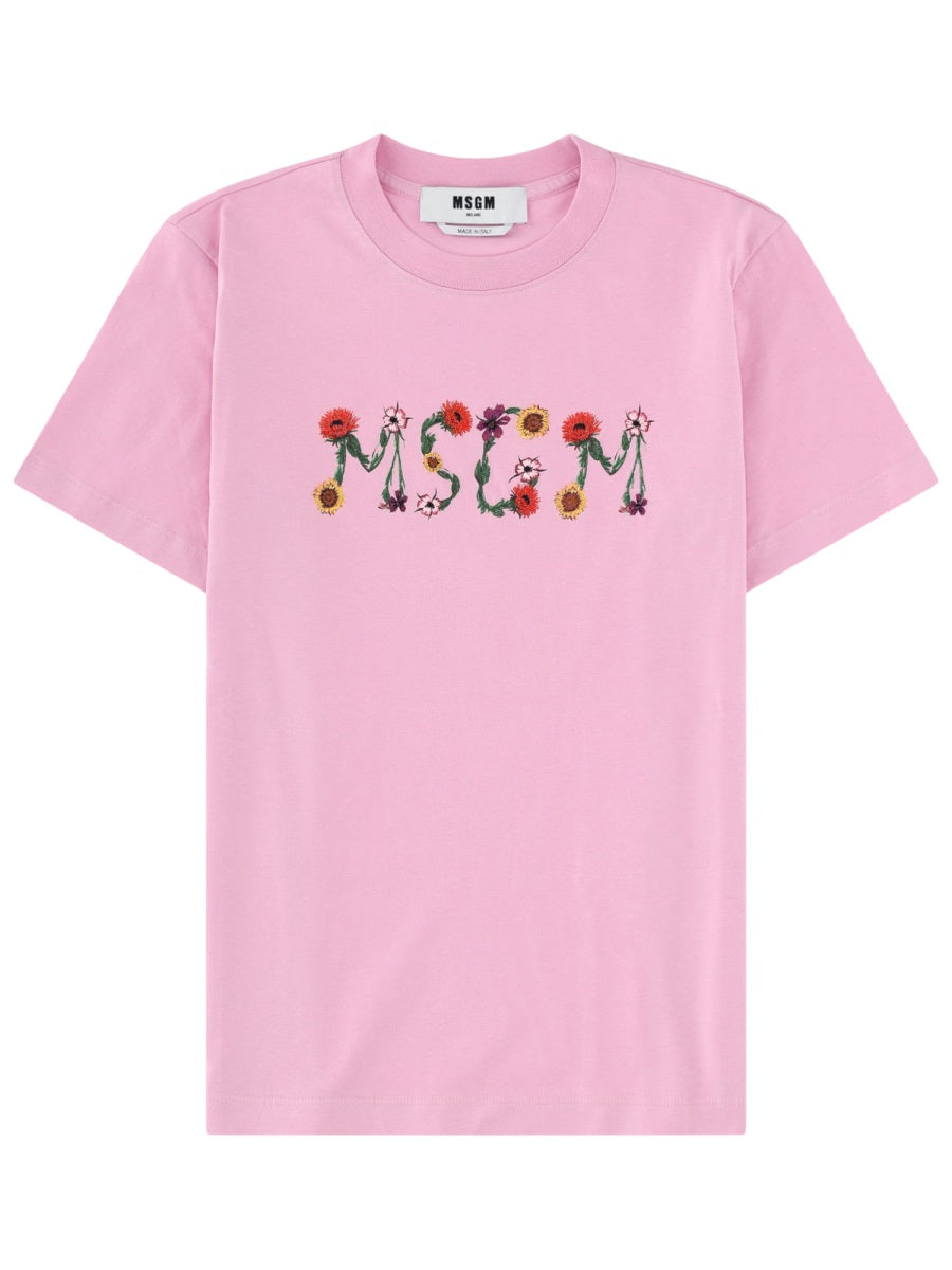 MSGM Logo-Embroidered Cotton T-Shirt — Pink by Msgm