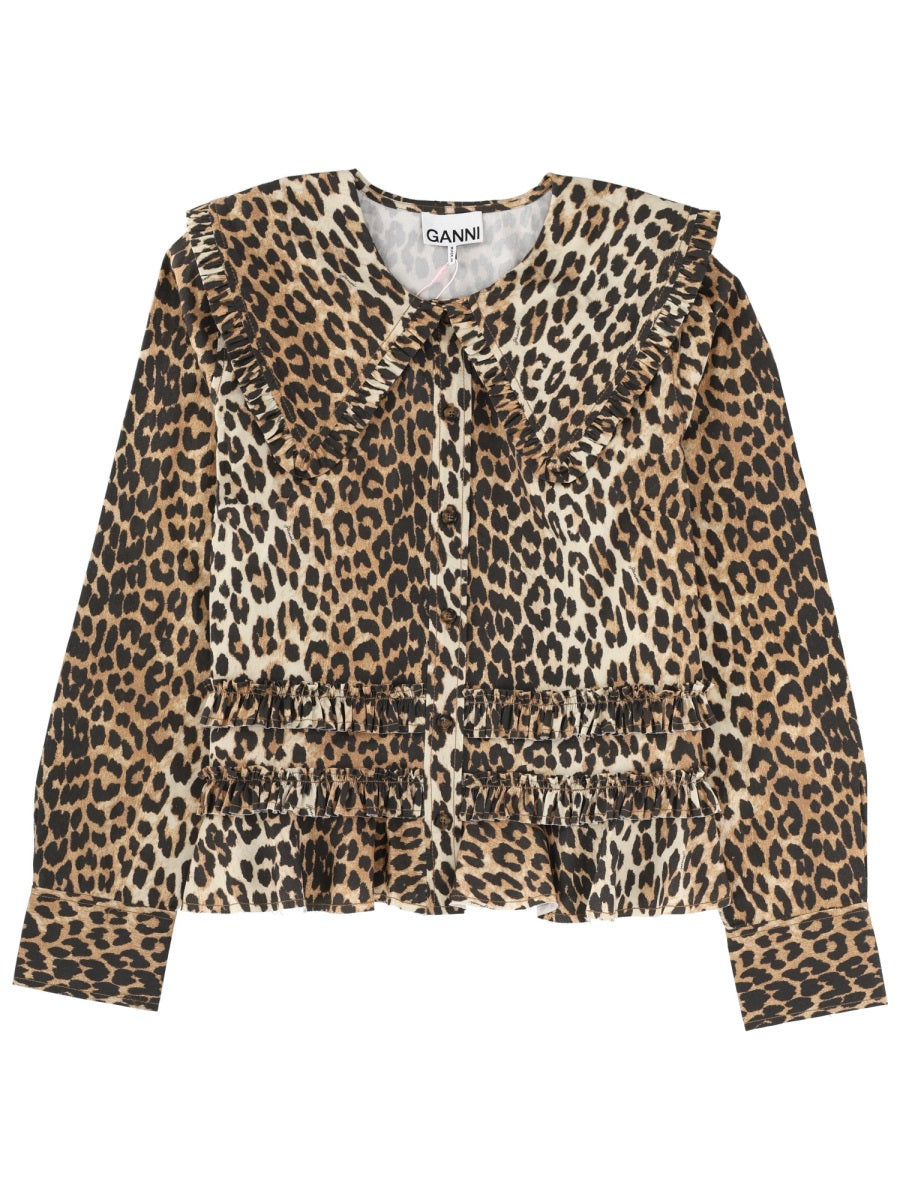 Ganni Wide-Collar Animalier Shirt — Multicolor by Ganni