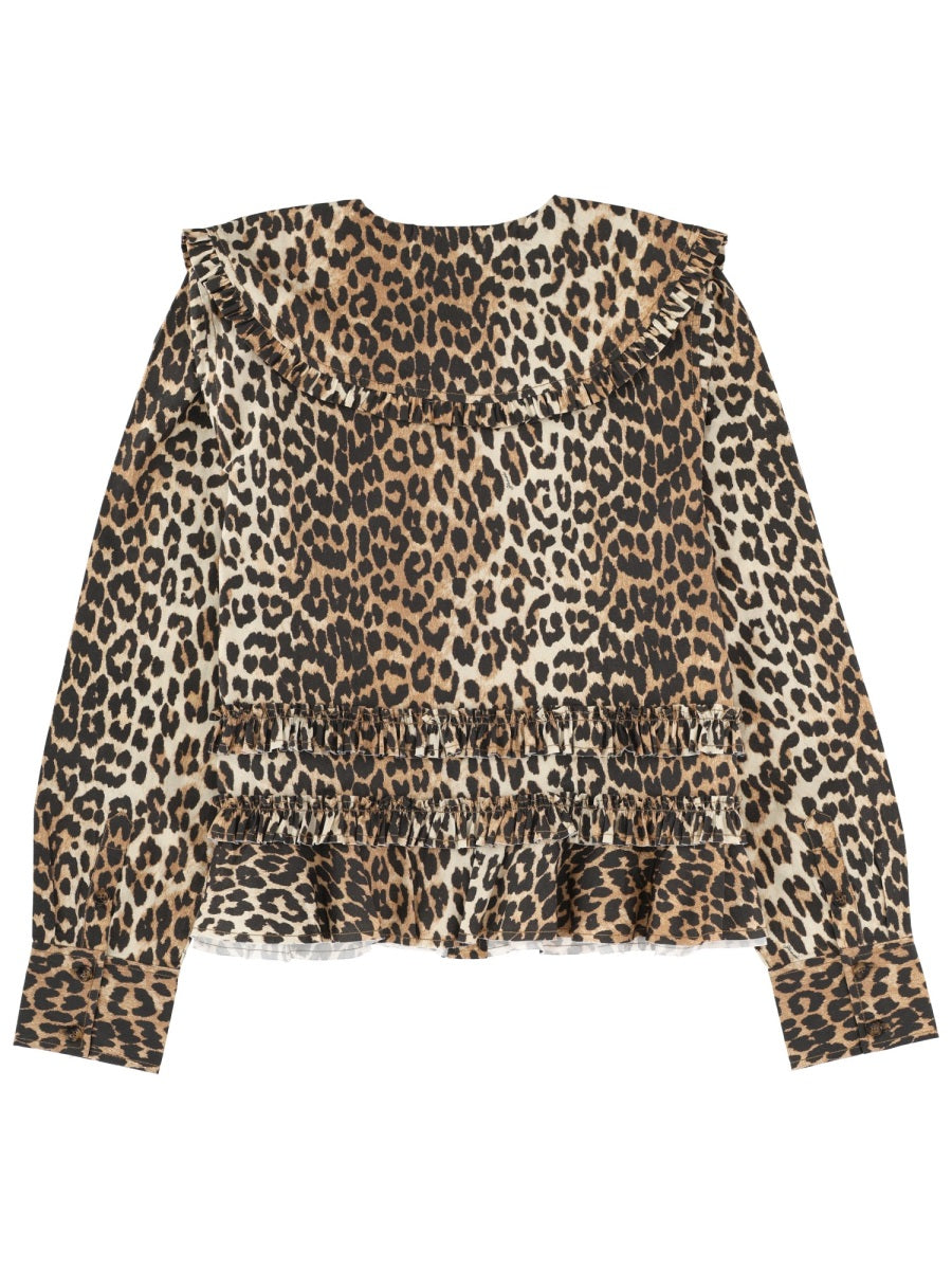 Ganni Wide-Collar Animalier Shirt — Multicolor, view 2