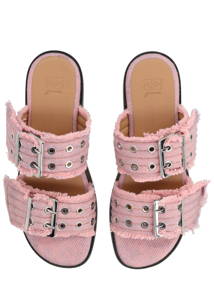 Ganni Organic Cotton Denim Sandal — Pink, view 3