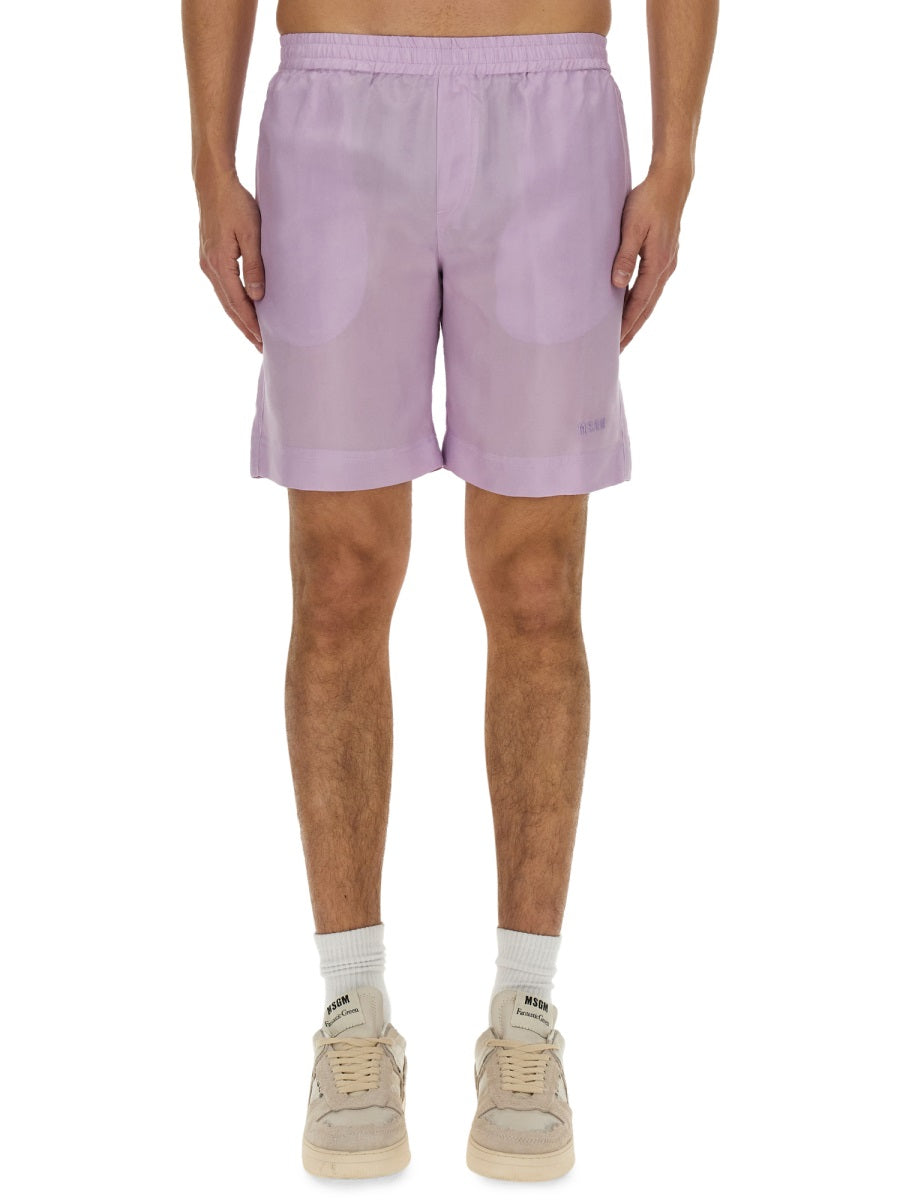 MSGM Logo-Embroidered Cupro Shorts — Purple by Msgm