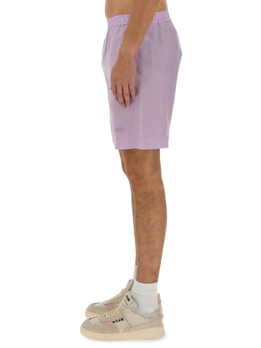 MSGM Logo-Embroidered Cupro Shorts — Purple, view 2