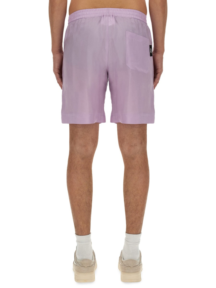 MSGM Logo-Embroidered Cupro Shorts — Purple, view 3