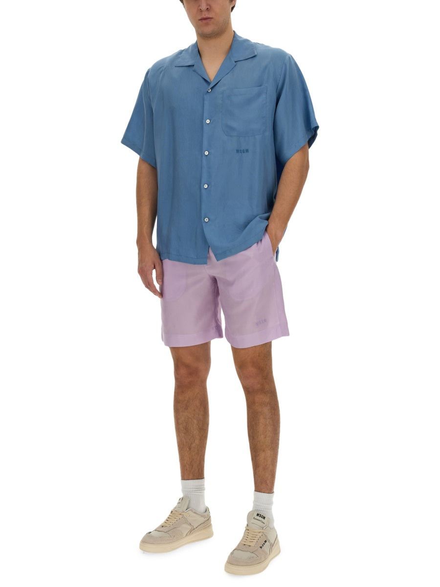 MSGM Logo-Embroidered Cupro Shorts — Purple, view 4