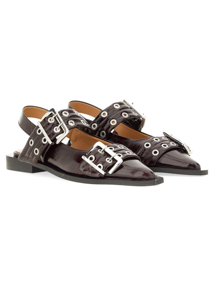 Ganni Buckle Detail Recycled Polyester Ballet Flat — Burgundy by Ganni