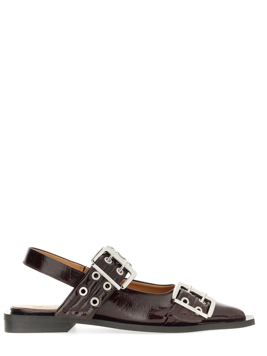 Ganni Buckle Detail Recycled Polyester Ballet Flat — Burgundy, view 4