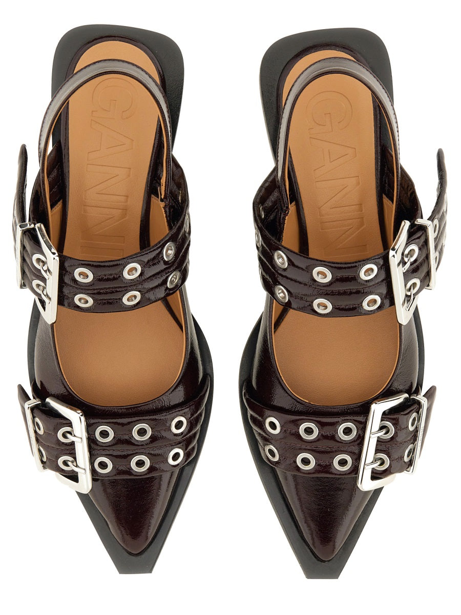 Ganni Buckle Detail Recycled Polyester Ballet Flat — Burgundy, view 5