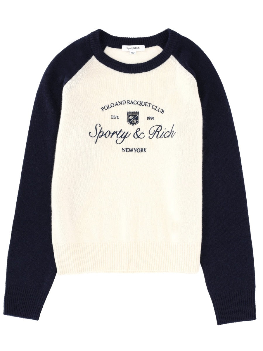 Sporty & Rich Logo Cashmere-Wool Blend Sweater — Multicolor by Sporty & Rich