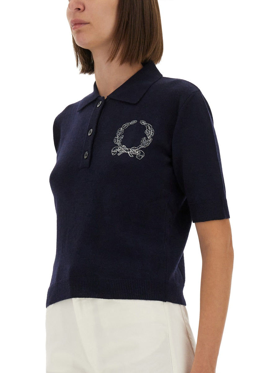Moschino Logo-Embroidered Wool Blend Sweater — Blue, view 2