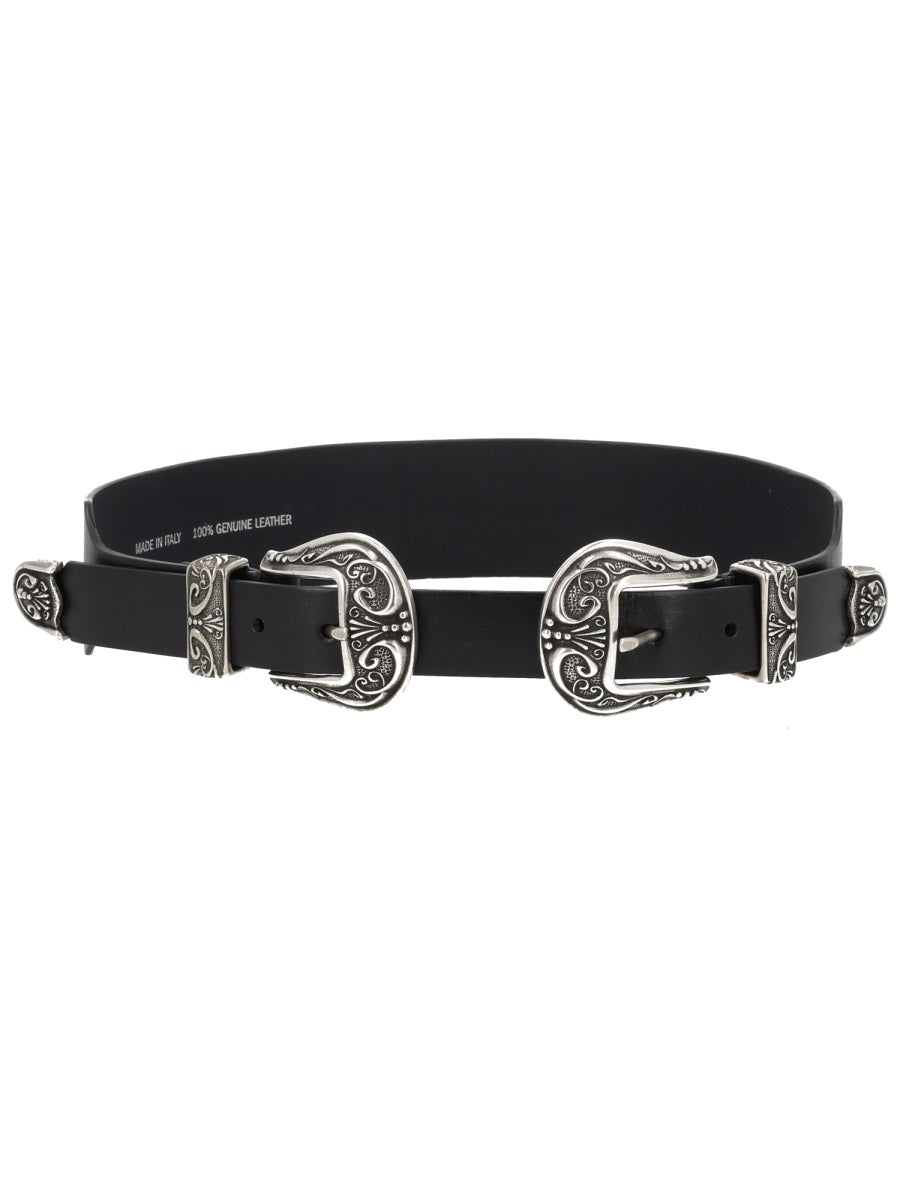 Golden Goose Double Buckle Cow Leather Belt — Black, view 2