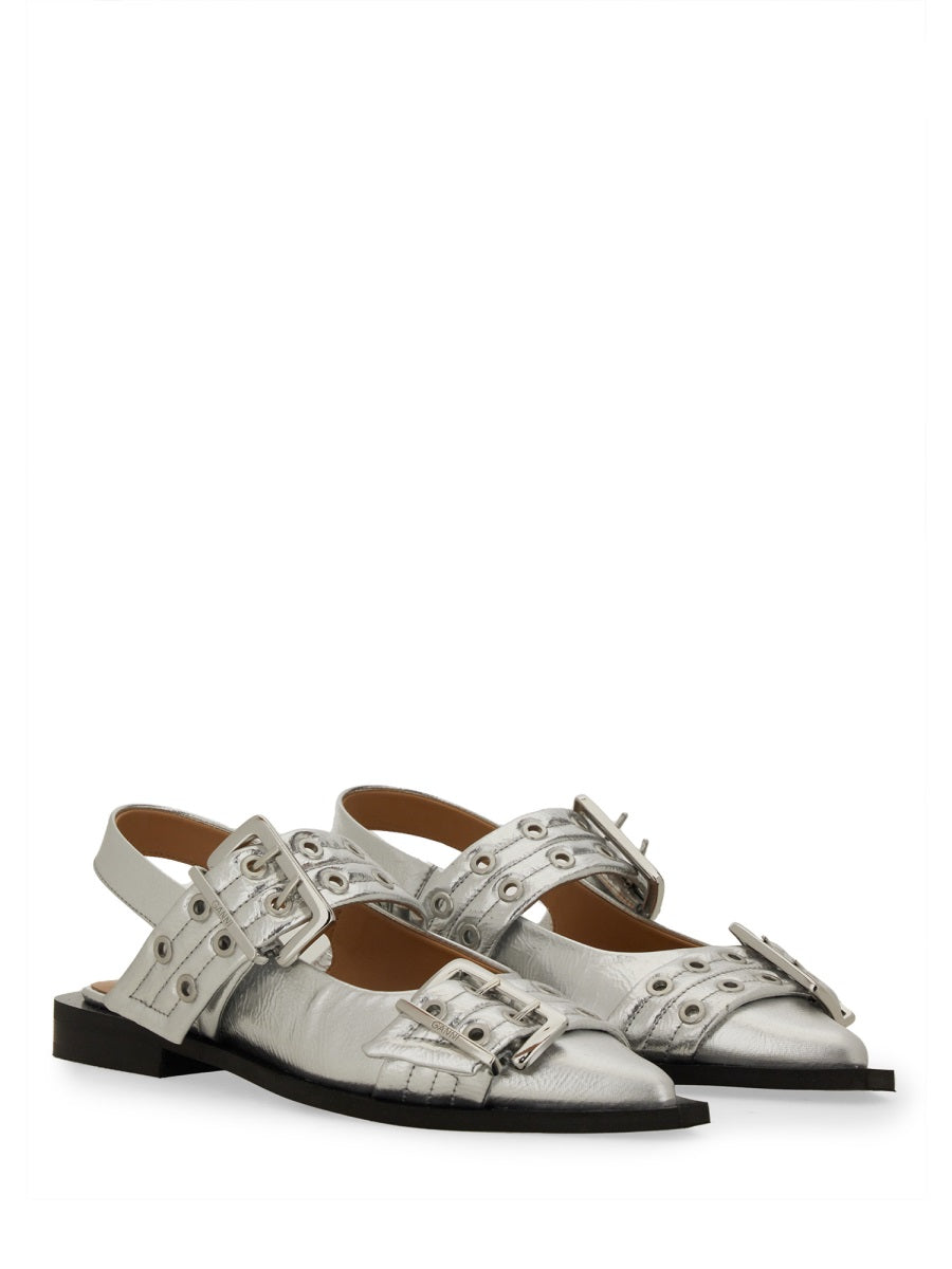 Ganni Buckle Detail Ballet Flat — Silver by Ganni