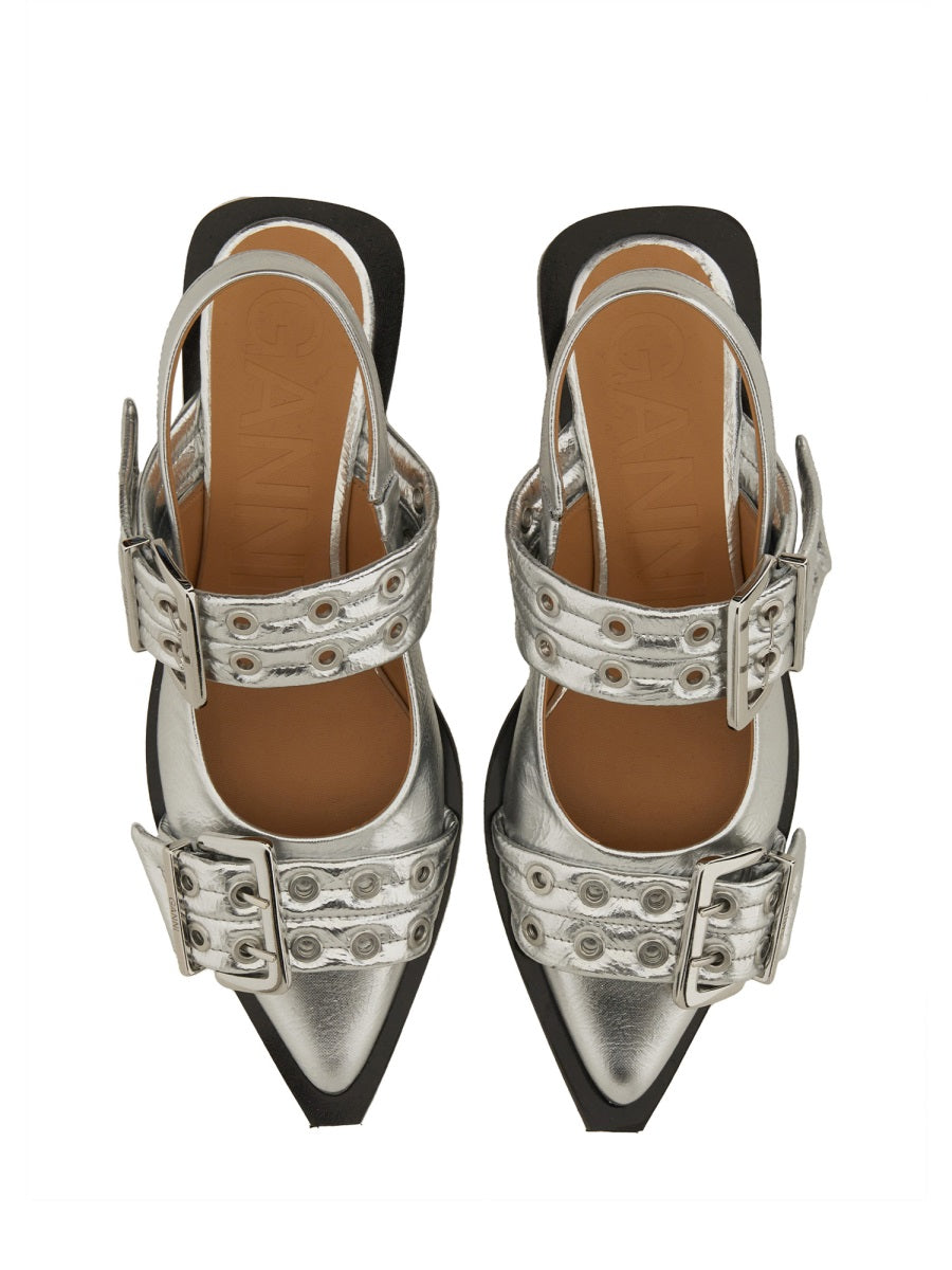 Ganni Buckle Detail Ballet Flat — Silver, view 6