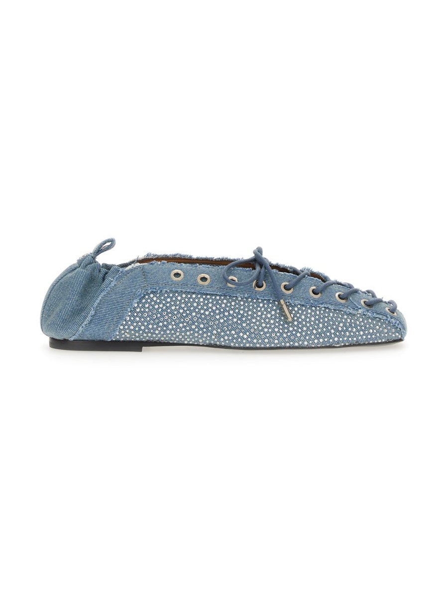 Ganni Recycled Cotton Lace-Up Ballerina Flat — Blue, view 4