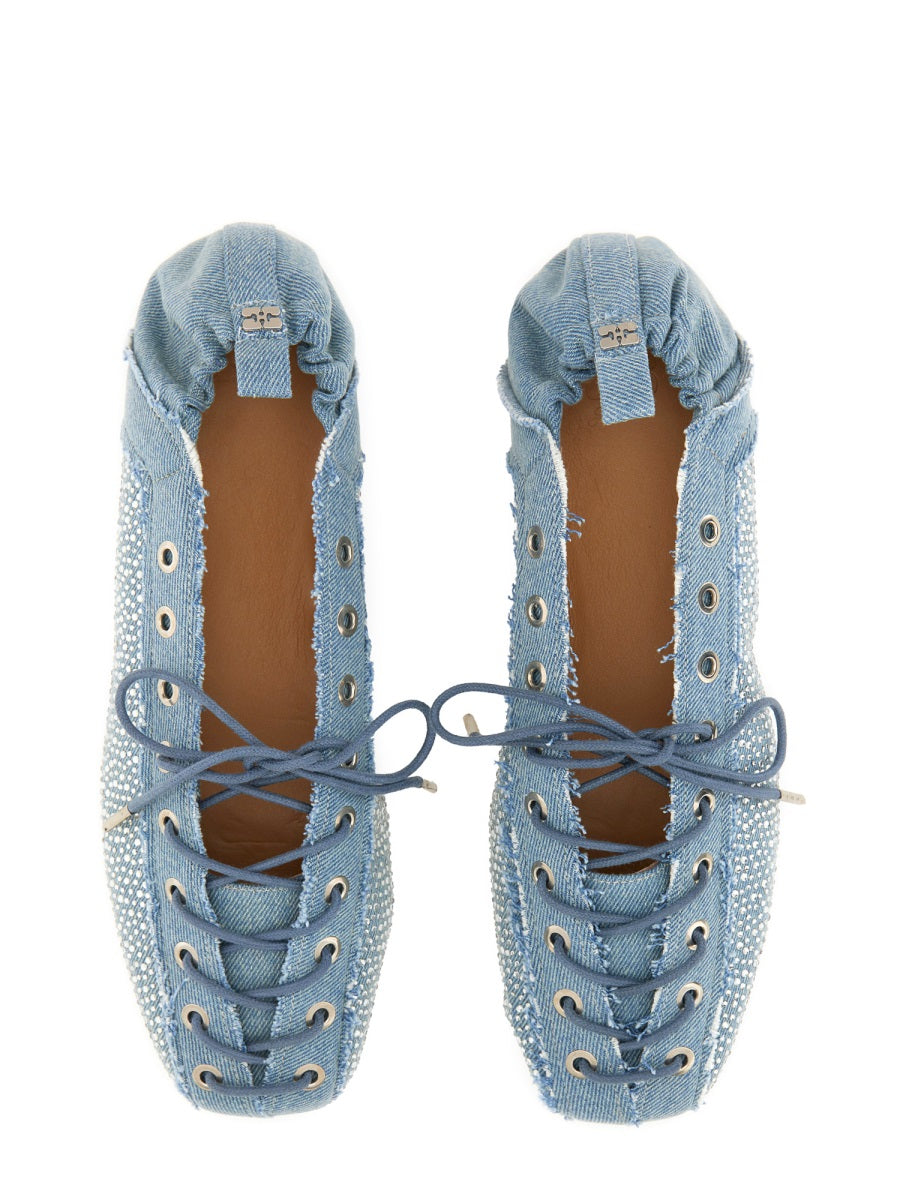 Ganni Recycled Cotton Lace-Up Ballerina Flat — Blue, view 5