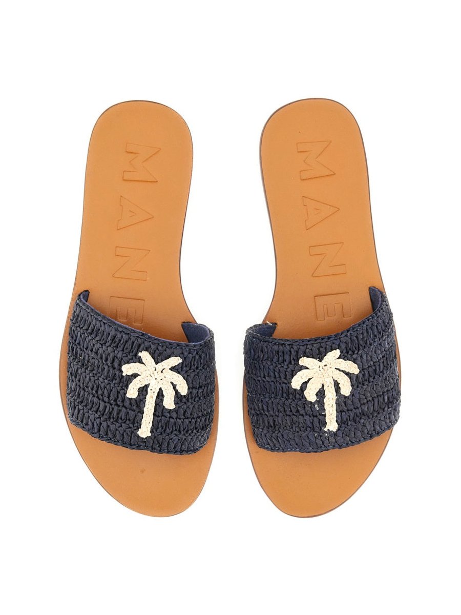 Manebi Raffia Upper Slide Sandal — Blue, view 3