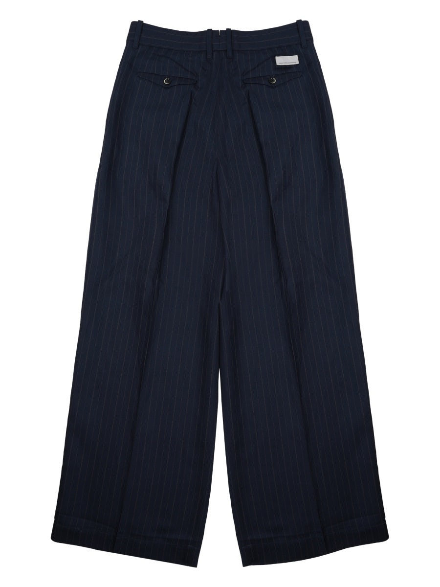 Nine In The Morning Wide-Leg Palazzo Viscose-Linen Trousers — Blue, view 2