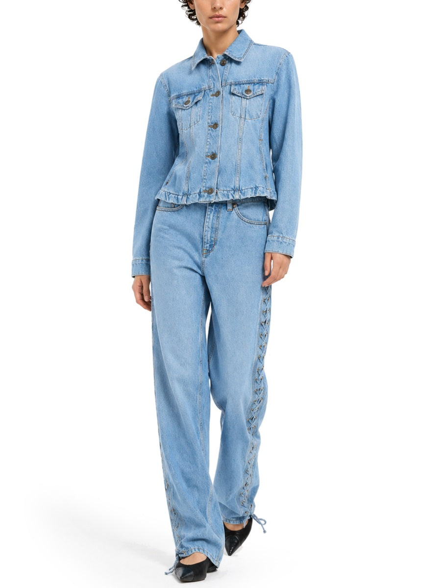 Rotate Birger Christensen Organic Cotton Lace-Detail Jeans — Blue, view 3