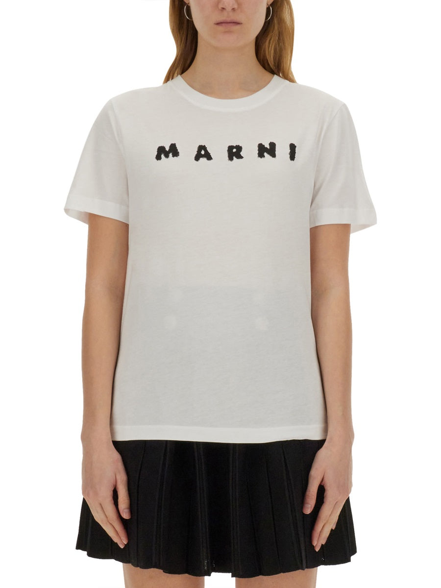 Marni Logo Cotton Knit T-Shirt — White, view 3